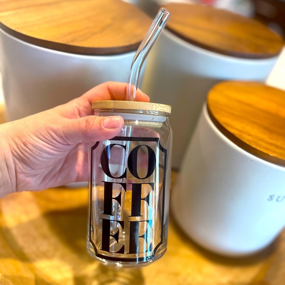 Coffee mom life Logo Can Glass Cup with Bamboo Lid + Straw - Picture 2 of 6